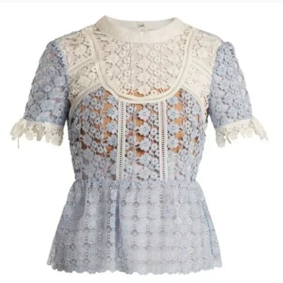 Rare SELF-PORTRAIT Petal Paneled Lace Top Blue, Size 2 - Picture 1 of 16